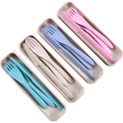 3pcs/set Portable Travel Cutlery Cutlery Box Japan Style Wheat Straw Knife Fork Spoon Student Dinnerware Sets Kitchen Tableware