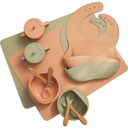 6 pieces/set of baby feeding tableware silicone bowl bib drool cup spoon fork spoon placemat table mat food grade baby gift