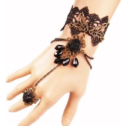 Aulic Style Faceted Crystal Drops Black Lace Hand Bracelet Ring Set