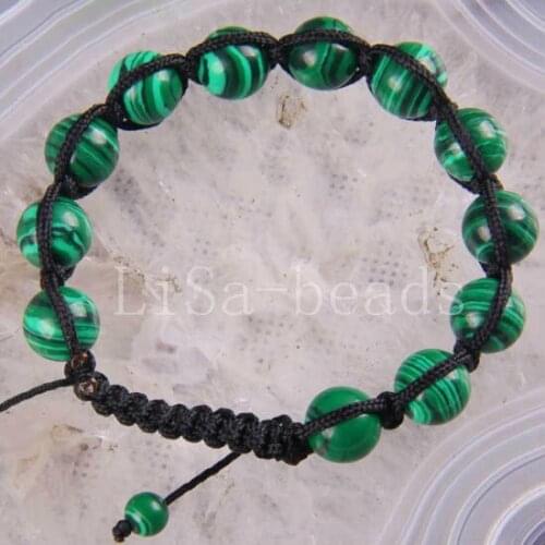 Free Shipping Fashion Jewelry Adjustable 10MM Round Malachite Bracelete 7-8" 1Pcs H1211