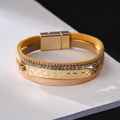 Bohemian PU Leather Buckle Bracelets Ethnic Rhinestone Crystal Woven Gold Bangle Women Gifts Party Wedding Jewelry Accessories