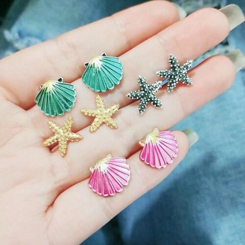 4 Pairs/Set Bohemian Stud Earrings Alloy Women Seashell Starfish Temperament Green Ear Jewelry Accessories Wholesale