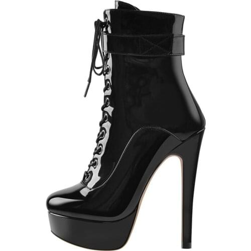 Richealnana Lace-Up Thin High Heel Platform Ankle Martin Booties Black Patent Leather Zipper Hook & Loop Large Size