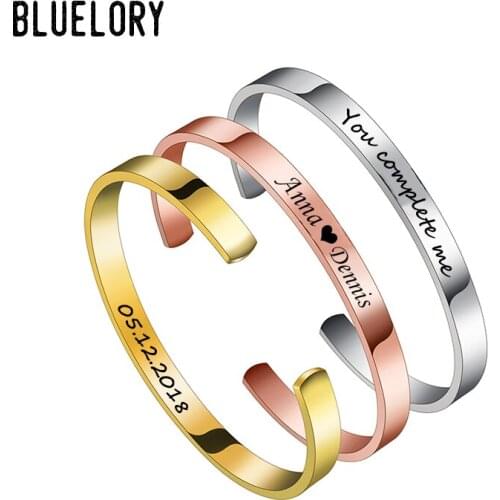 Bluelory 6mm Custom Name Cuff Bracelets Stainless Steel Engrave Names Date Words Personalized Women Men Lover Adjustable Bangle