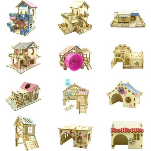 Hamster Hideout Wooden Hut Small Animals Double Layer Villa Rat Room House Cage Exercise Toy with Ladder Board Accessories