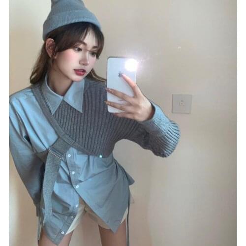 Korean Autumn Shirt 2021 New Design Sense Small Crowd French Long Sleeve Shirt Solid Color Sweater and Shirt Two Piece Set Top