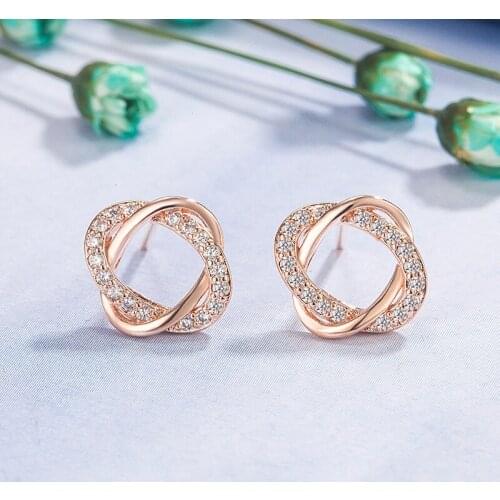Korea Exquisite Rose Gold Plated Hollow Crystal Stud Earrings Elegant Temperament White Zircon Earrings Daily Jewelry for Women