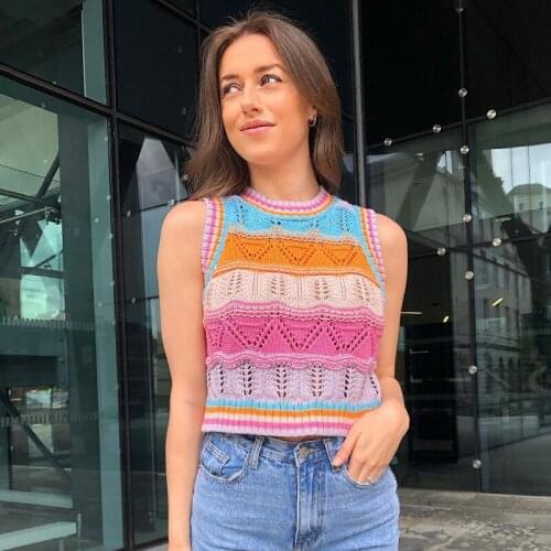 Fashion Womens Crochet Knit Sweater Vest Bohemian Sleeveless Round Neck Striped Color Autumn Crop Tops