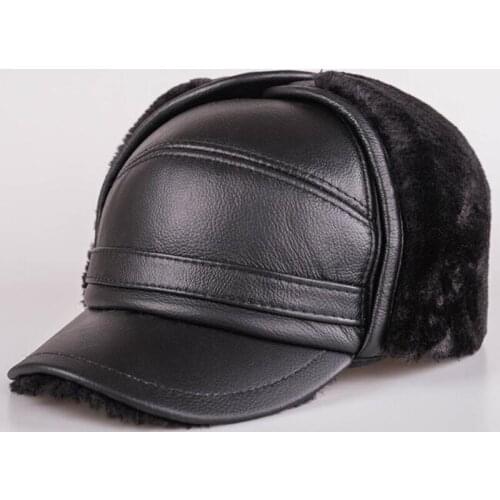 XdanqinX winter mens leather cap fur velvet bomber hats warm earmuffs caps for men natural cowhide leather brands hat Dad hat