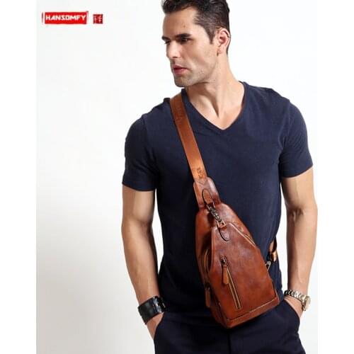 Genuine Leather Mens Bag Leather Men Chest Bag Shoulder Bag Retro Casual Messenger Bag New Chest Bags Korean Version of The
