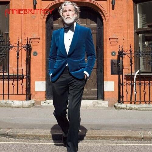 ANNIEBRITNEY Royal Blue Velvet 2 Piece Men Formal Suit Slim Fit Groom Wedding Tuxedo High Quality Custom Skinny Velvet Suit