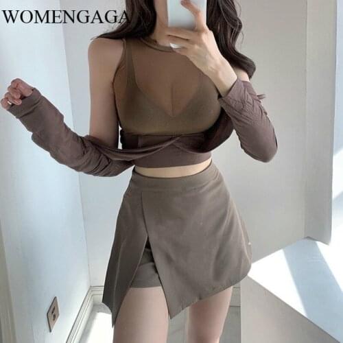 WOMENGAGA Fake Two New Korean Fashion Side Slit Sexy Irregular Solid Color Thin High Waist Mini Skirts A-line Casual Womens QW55