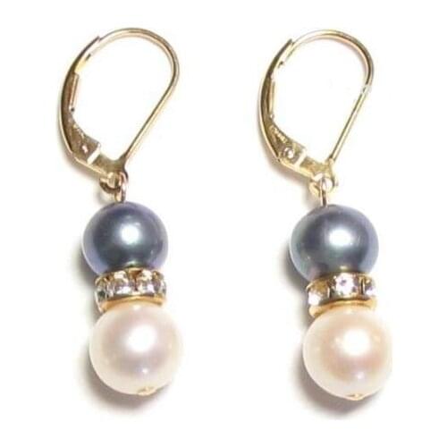 New Style Favorite Pearl Store 8-8.5mm Black White Freshwater Pearl 14k GF Lever Back Earrings Charming Wedding Fine Lady Gift