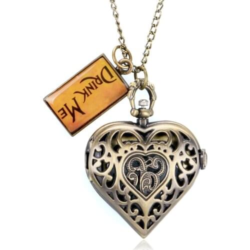 Vintage Heart-Shape Necklace for Women Lover Girlfriend Quartz Pocket Watches Fashion Beautiful Girl Pendant Tag Drink Me Chain