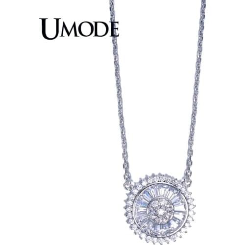 UMODE Collares White Gold Color AAA CZ Paved Round Disc Shaped Pendant Necklaces For Women Fashion Jewelry AUN0089