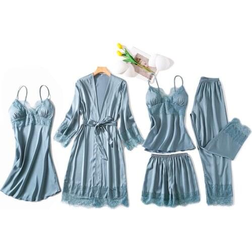 Women Suspender 5 Piece Pajamas Set Sexy Silky Lace Thin Sleep Pants Nightdress Soft Comfortable Home Wear