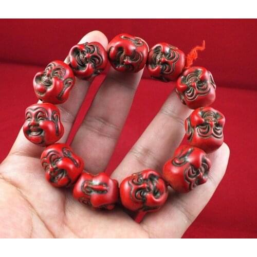 Elaborate Chinese Artificial Red coral Resin Maitreya Buddha beads bracelet