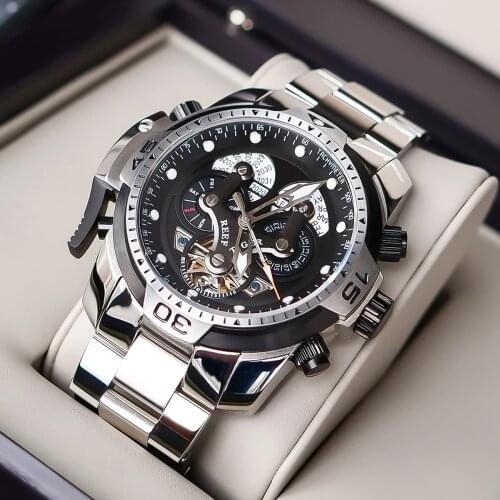 Reef Tiger/RT Brand Designer Sport Mens Automatic Watch Perpetual Calendar Date Complicated Black Dial Mechanical Bracelet Watch