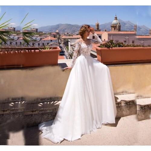 Luxury O-neck Applique Lace A-line Wedding Dress Long Sleeves robe mariage 2020 Custom Made Button Back Bridal Gowns For Bride