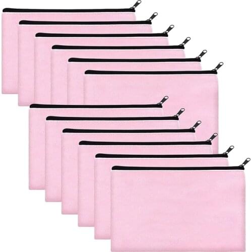 Pink Canvas Makeup Bag,Bulk Cosmetic Bags with Multi-Color Zipper,Canvas Zipper Pencil Case Pouch,DIY Craft