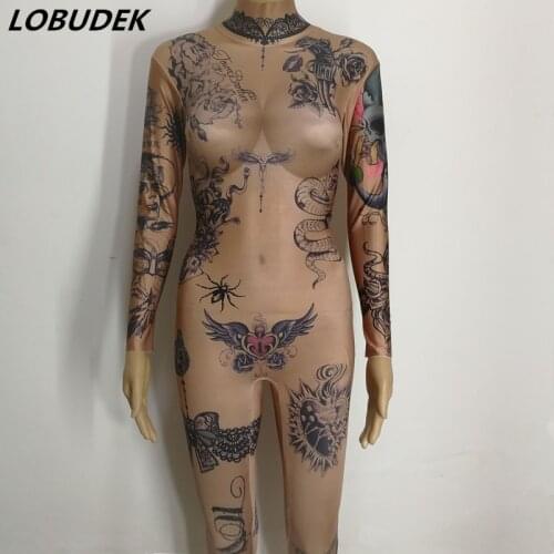 Sexy Nude Printing Jumpsuit European Bar Nightclub DJ singer DS Costumes Pole dancing performance stage jumpsuit sexy show wears
