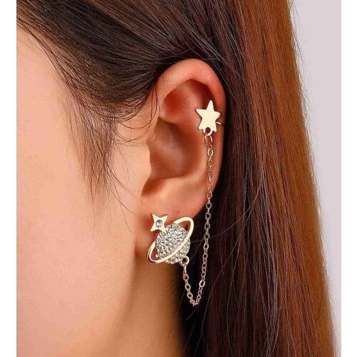 1 PC Gold Silver Color Saturn Drop Earrings for Women Rhinestone Tassel Long Dangle Earring with Clip Jewelry for Gifts QW011