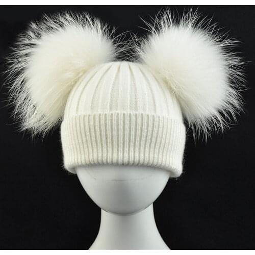 Baby Winter Hats Child Warm Crochet Beanie Kids Warm Girls Boys Lovely Wool Hat Real Raccoon Fur Two Pom Pom Cap