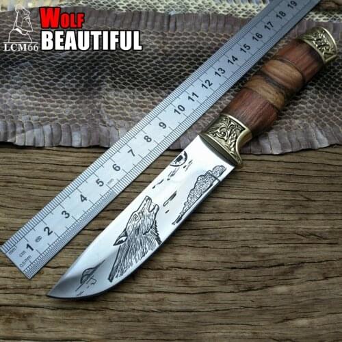 LCM66 Wolf pattern Tactical Small Fixed Knives,Copper head+solid wood handle Survival Knife,Camping Rescue Knife.Portable knife