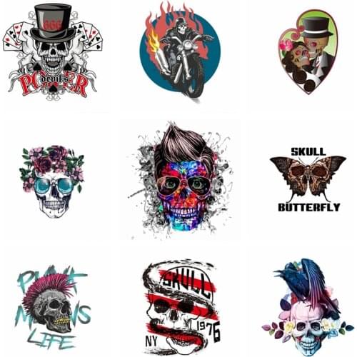 Punk Skull Iron-On Transfers Punk Heat Transfer PVC Patch For Clothes Thermal Transfer Hot Vinyl Iron Stickers Apparel Accessory