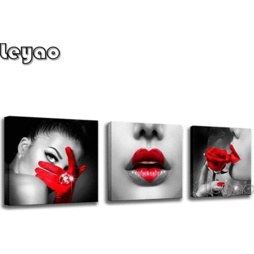 Triptych Full,Square,round,diy,Diamond painting red,lips,rose,glove, picture of rhinestone,diamond mosaic black and white woman