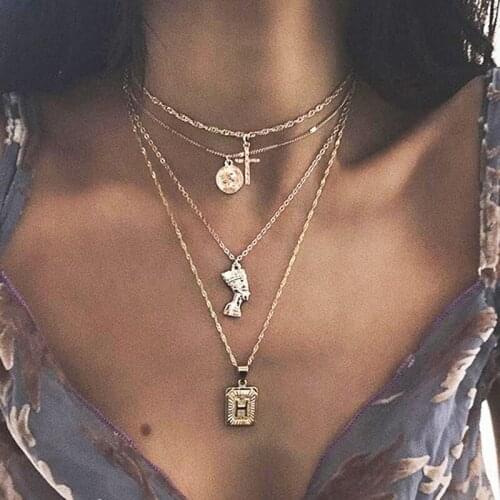 Vintage Multilayer Egyptian Pharaoh Coin Cross Letter Pendant Necklace for Women European Exaggerated Necklace Jewelry YN1274