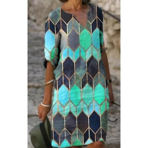 Vintage V-Neck Mid-Sleeve Geometry Printed Dress Commute Female Casual Loose Dress Summer WomenS Clothing Female Vestidos 2021