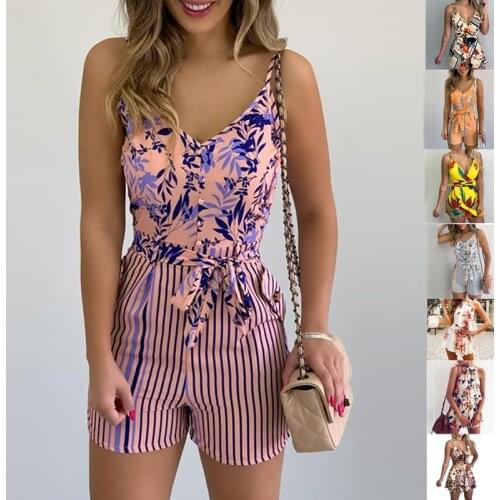 Women Summer Print Jumpsuit With Belt Sleeveless Beach Rompers Bodycon Slim Strap Bodysuit Wide Leg Overalls Playsuit Clothing