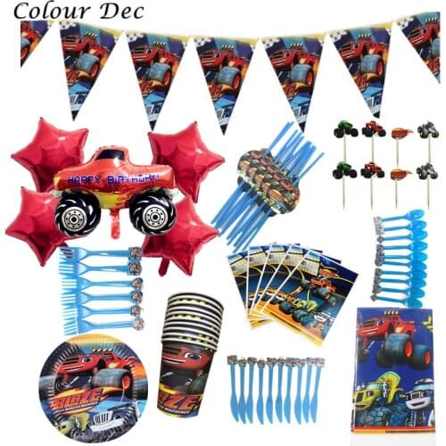 105Pcs/Set Blaze and Machines Party Supplies Disposable Tableware Set Birthday Party Balloons Tablecloth Paper cup Plate flags