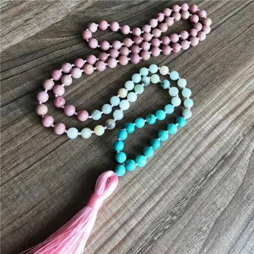 108 Mala Beads Necklace Amazonite & Rhodonite & Turquoises Necklace Meditation Jewelry Tassel Necklaces
