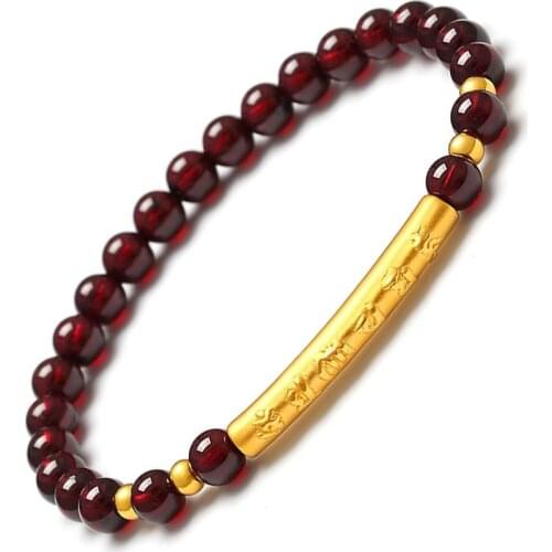 Real 24K Yellow Gold Bracelet 3D Craft Luck Six-word Motto Tube Bead with Garnet Beads Link Bracelet 6.3inches