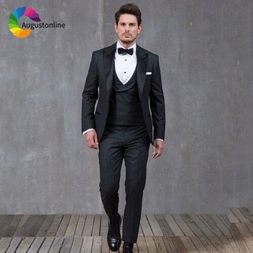 Black Men Suits For Wedding Suits Peaked Lapel Evening Party Prom Groom Wear Tuxedo Slim Fit Best Man Blazer Jacket+Pants+Vest