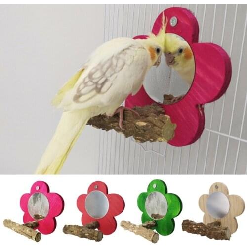 Bird Perch Wooden Stand with Mirror Pecking Toys Paw Grinding Toy Birdcage Stands for Small Birds 4 Colors