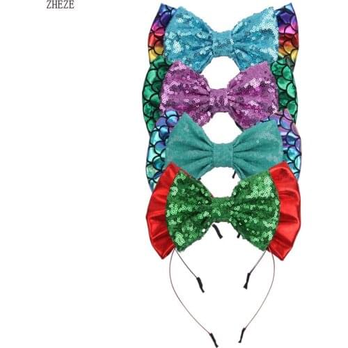 8Pcs 5''Big Messy Sequin Bow & 7'' Glitter Metallic Style Headwear Mermaid Headband For Children Hairband Hair Accessories