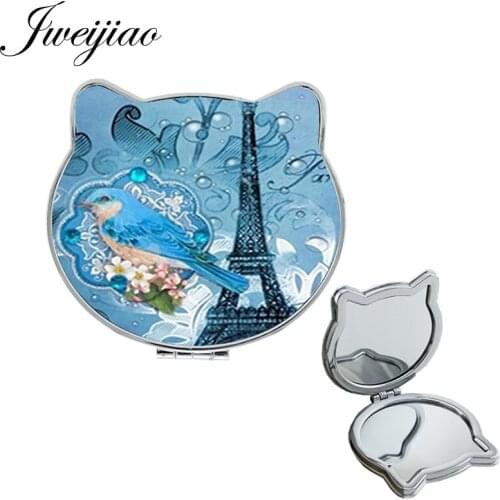JWEIJIAO Eiffel Tower Cat Ear Shaped Makeup mirrors bird and flower blue ART Pictures Double Sides lovers Compact mirror EF01