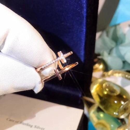 JZ TFB RLLEN High Quality Sterling Silver Open Rose Gold Double T Cross Gemstone 925 Ring with Logo DIY Jewelry for Women