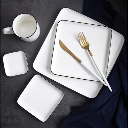 1pcs Ceramic Plate Nordic Black Border 8/10 Inch White Square Dish Bone China Tableware Household Kitchen Supplies Dinnerware