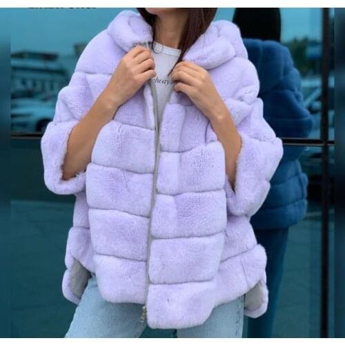 Real rex rabbit fur coat jacket with hood with batwing sleeve furry winter half sleeve 2020 plus size casual loosely zipper