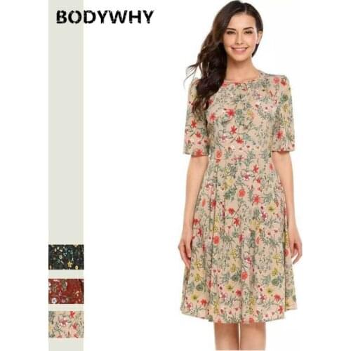 2020 Summer Best-selling Quality Womens Floral Chiffon Round Neck Hollow Swing Dress Casual Girl Five-point Sleeve Dress