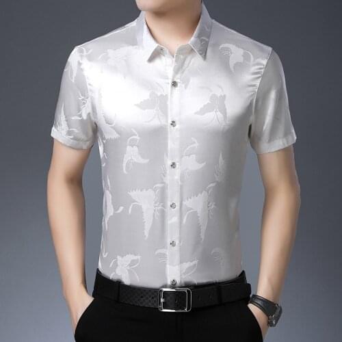 Summer 2021 Male Silk Streetwear Fashion Butterfly Shirts Mens Short Sleeve Soft Silk Dress Shirt Casual Man Shirts