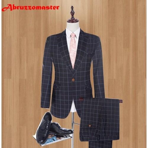 High Quality 2 Pieces Serge Brand Men Suits Men Plaid Suits for Wedding Groom Fashion Peaked Lapel Slim Fit Black Business Suit