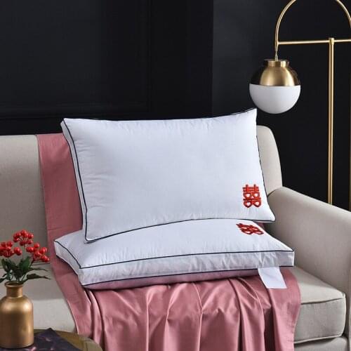 White Goose Feather Down Pillow Hotel Sleeping Stereo Wedding Pillow 100% Pure Cotton Pillow Case Anti-Down Extra Large 1 Piece