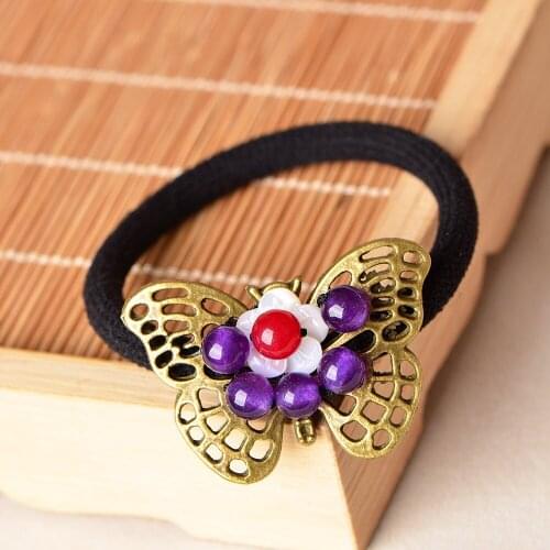Delicate Bronze Color Alloy Butterfly Charm Hairbands Classical Violet Crystal Natural Shell Flower Elastic Rope Hair Circle
