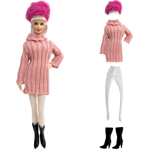 NK One Set Doll Clothes Hand Sweater Fashion Suit Clothes Bag Hat Stockings Boots For Barbie Accessories Doll Girl Gift