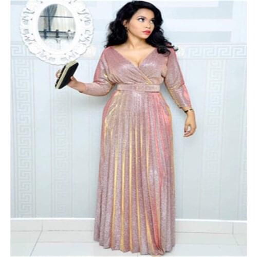 New 2019 African Dresses for Women Colorful Bronzing Pleated Mid Sleeves Large Size Dress With Belt
